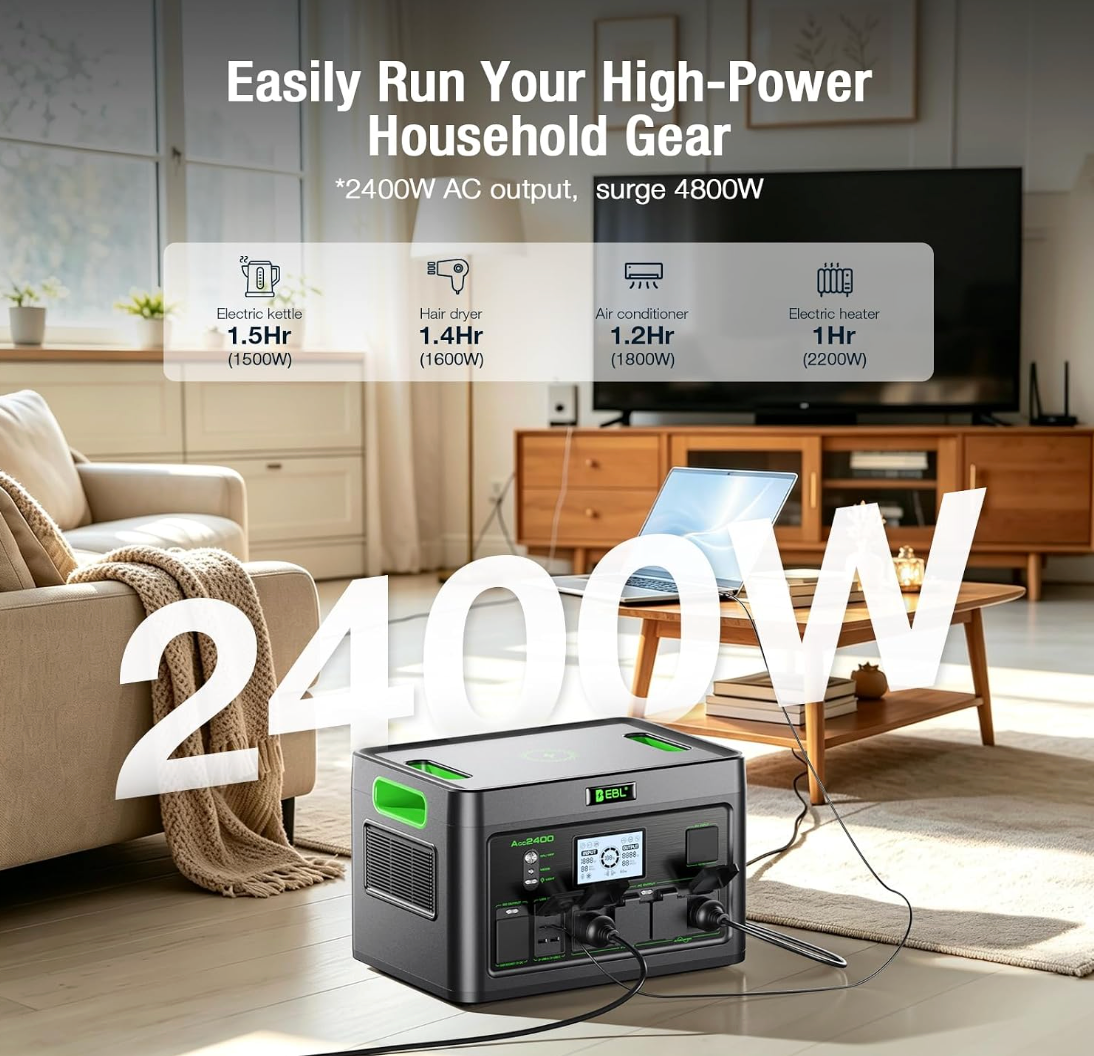 2400W Portable Power Station, 1843Wh LiFePO4 Solar Generator, 4800W Peak Pure Sine Wave AC Outlets, Battery Backup for Camping, RV & Emergency