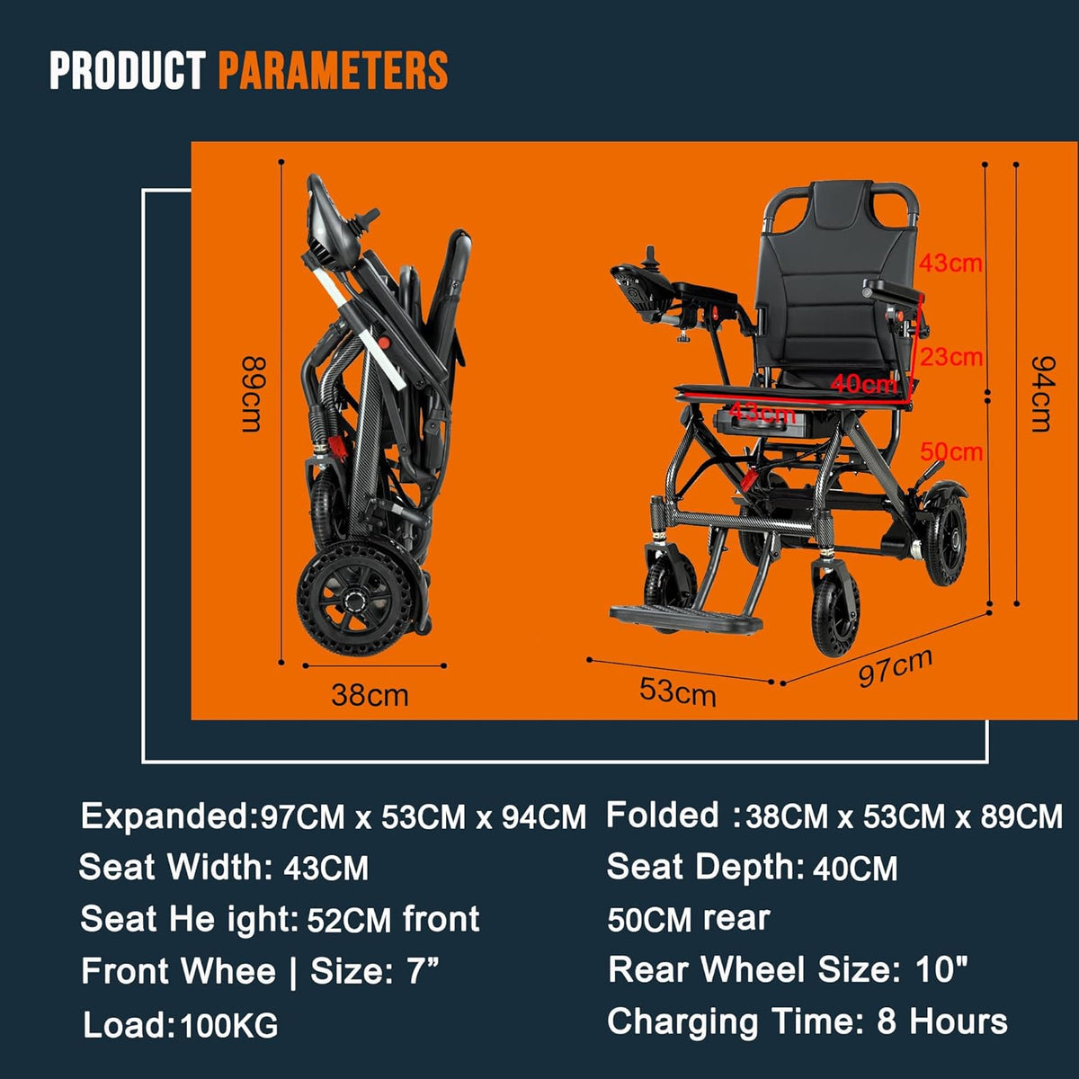 Ultra-Light Foldable Electric Wheelchair – 13kg, Carbon 10Ah Battery, 20km Range, 220lb Capacity