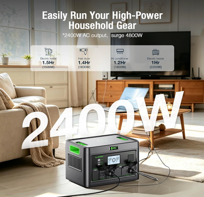 2400W Portable Power Station, 1843Wh LiFePO4 Solar Generator, 4800W Peak Pure Sine Wave AC Outlets, Battery Backup for Camping, RV & Emergency